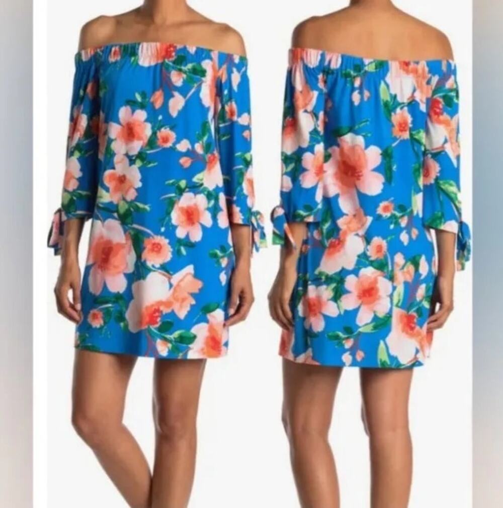 Vince Camuto Blue Floral Off Shoulder 3/4 Sleeves Dress Size: 12 (b45)